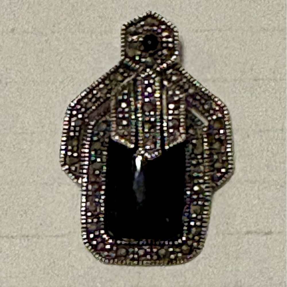 925 Sterling Silver Marcasite Black Onyx Art Deco Style Pendant Necklace Charm
